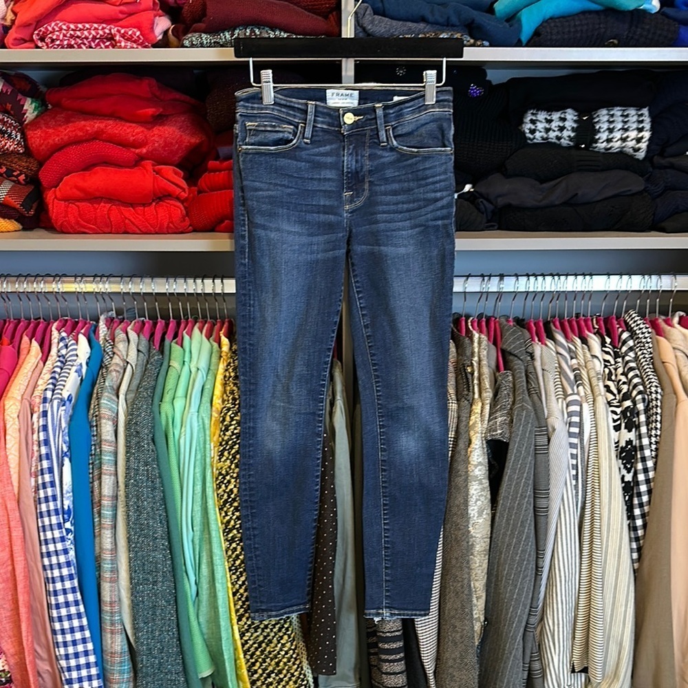 Frame blue raw hem distressed pockets skinny cropped jeans size 26